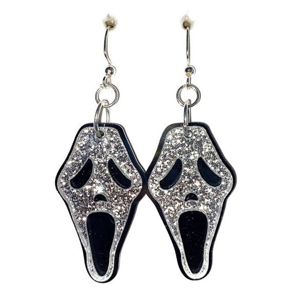 Silver sparkly scream mask earrings - Picture 1 of 1